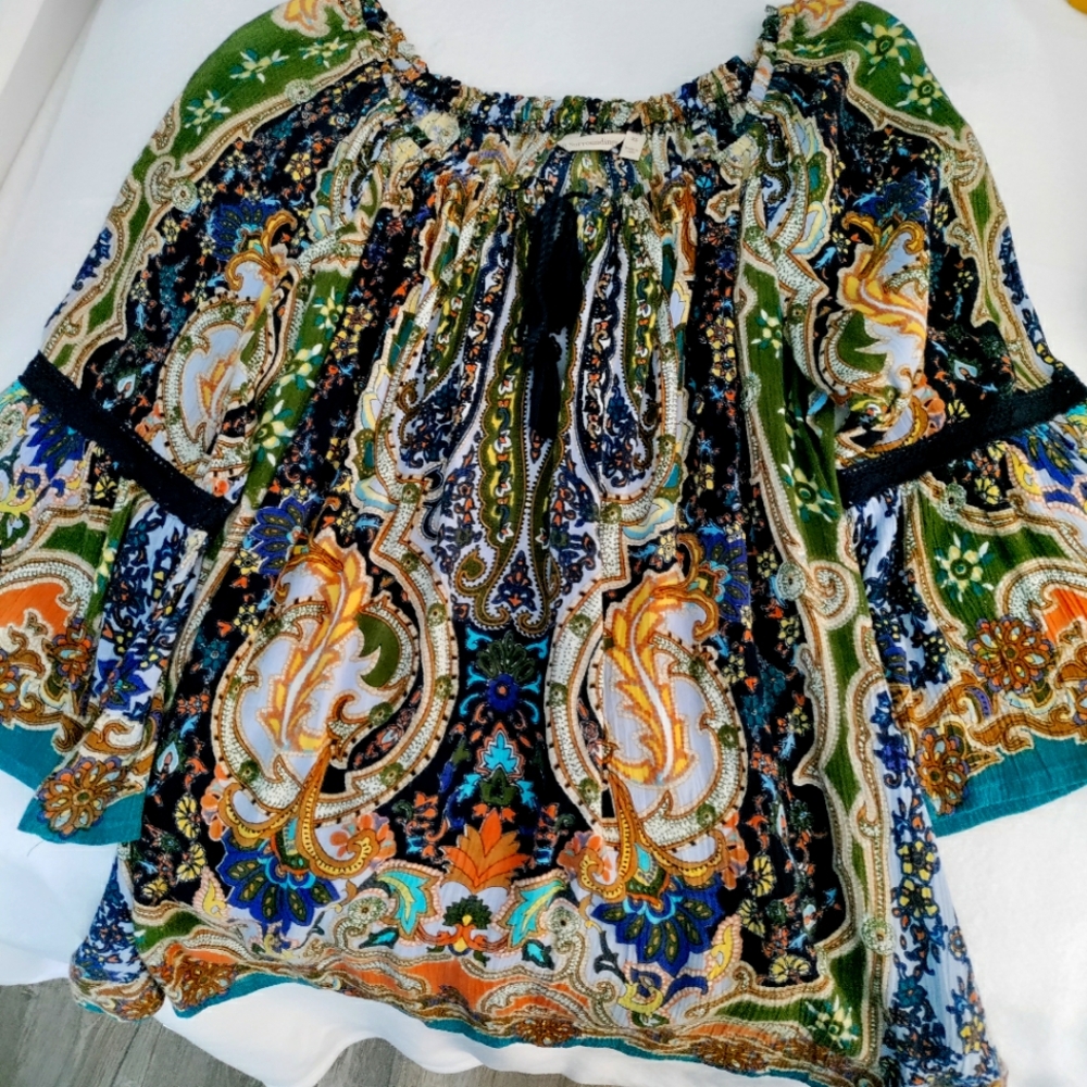 Soft Surroundings Size XS Blue Paisley Tunic Top Blouse Boho Crochet Trim